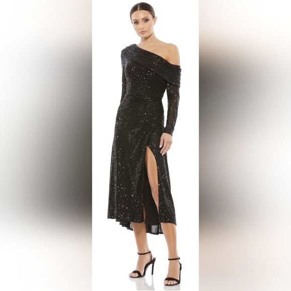 Mac Duggal ONE SHOULDER SEQUIN LONG SLEEVE MIDI DRESS NWT size 8 black (26551) - Picture 1 of 6